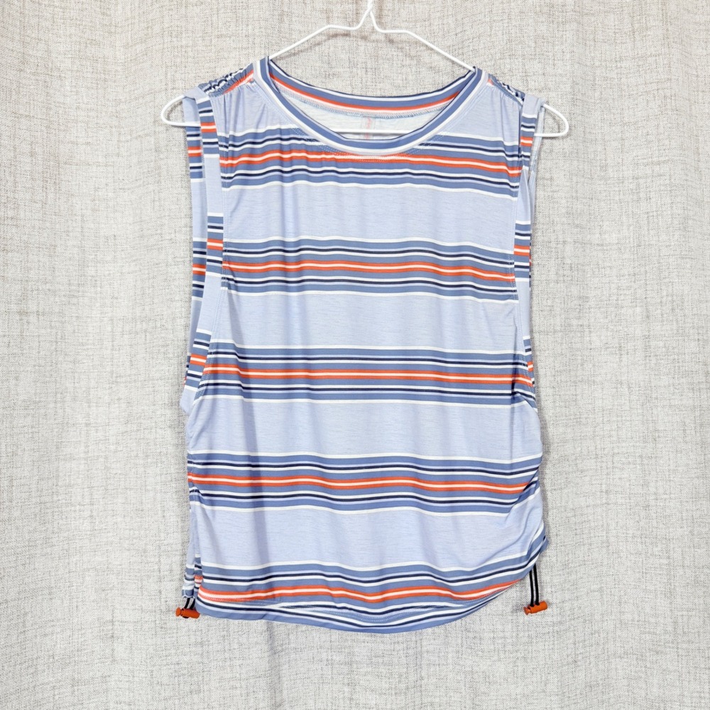 FP Movement Muscle Tank Women L Blue Orange Striped Side Cinch Athleisure Yoga